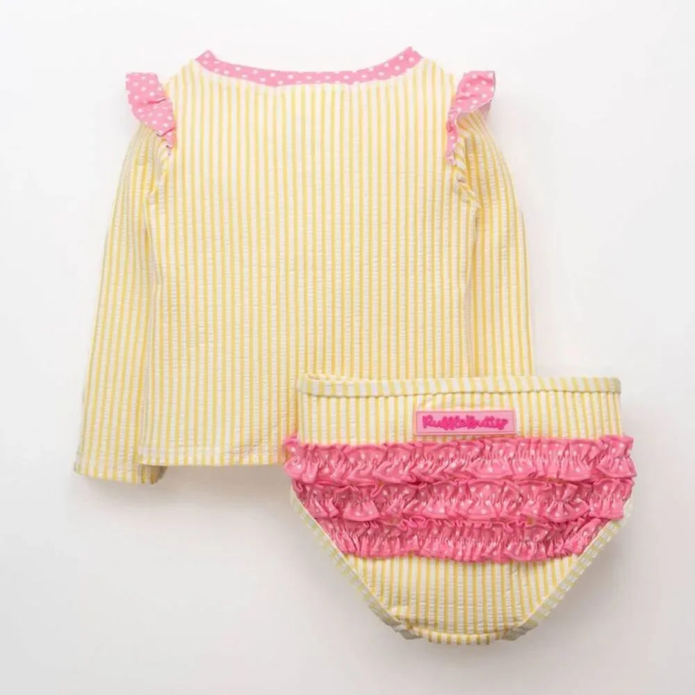 RuffleButts Baby Girls' Seersucker Long Sleeve 2pc Rash Guard Set - Yellow 18M